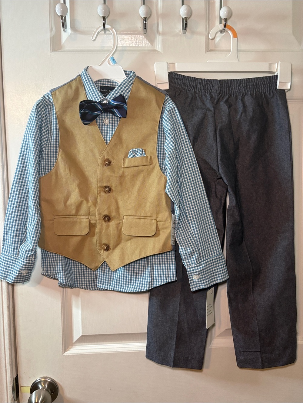 New! Nautica Boys Tan Vest with Blue Gingham Shirt and Navy Bow Tie Set